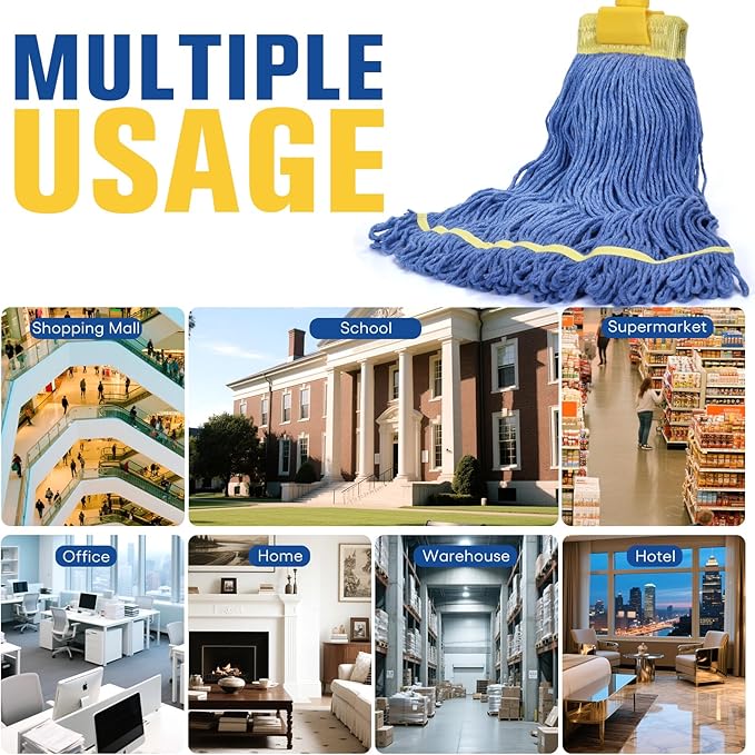 Matthew Cleaning Commercial Mop Head Replacement, 5 Inch Wide Headband, Looped End Cotton Blend String Wet Mops for Floor Cleaning, 24 oz Large, 1-Pack Blue