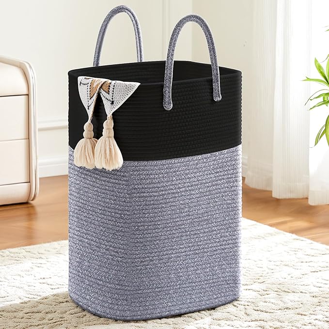 Laundry Basket,Woven Cotton Rope Laundry Hamper,Versatile Storage for Dirty Clothes,Baby Toys,and Blankets in Bathroom, Nursery,and Living Room (Black, 100L)