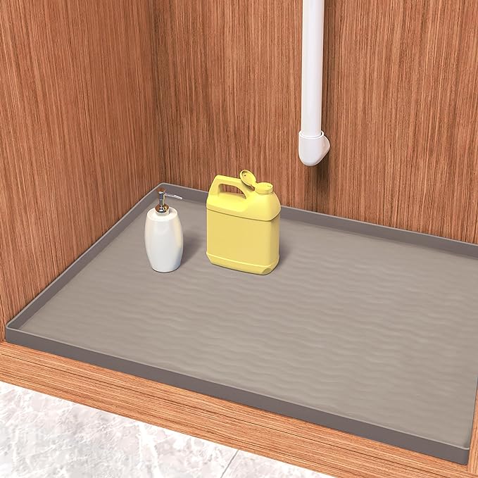 URMONA Waterproof Silicone Under Sink Mat 25'' x 22'' Shelf Liner for Kitchen and Bathroom, Cabinet and Counter Protector, Storage and Organizers, Litter Mat, Pet Cat Puppy Essentials(Beige)