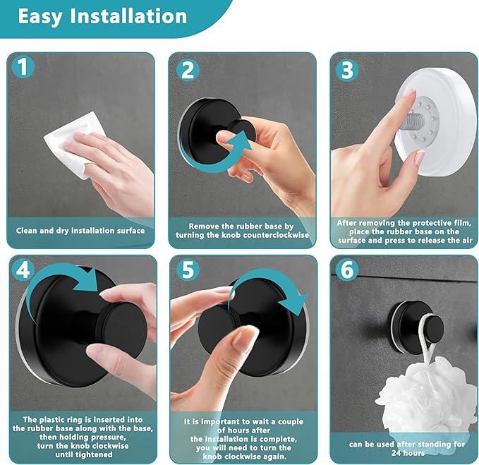 Suction Cup Hooks for Shower,Removable No Drill Towel Hooks,Upgraded 15 lbs Strong Suction hooks for Bathroom Tile,Shower Wall,Glass Door,Kitchen-Loofah,Coat,Stainless Waterproof-Matte Black 2 Pcs