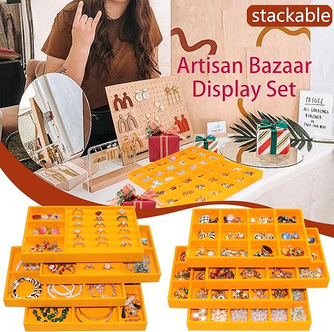 Set of 8 Stackable Velvet Jewelry Trays Organizer Jewelry Display Storage Box Dresser Drawer Organizer for Earring Necklace Bracelet Ring Accessary