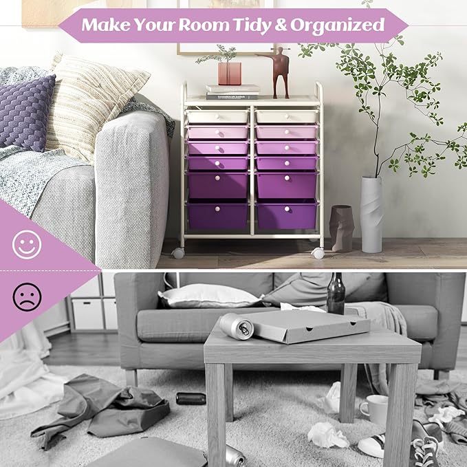 GOFLAME 12-Drawer Rolling Storage Cart, Multipurpose Organizer Cart with 2 Sizes Plastic Drawers, Mobile Utility Cart with Lockable Casters for School, Home Office, Beauty Salon, Purple Gradient