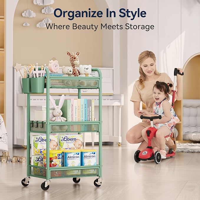 YASONIC 3 Tier Rolling Cart – Metal Utility Storage Cart with Wheels, Craft Carts Organizer with Hanging Cups, Hooks, Mesh Basket for Bedside Kitchen Office Art, Green