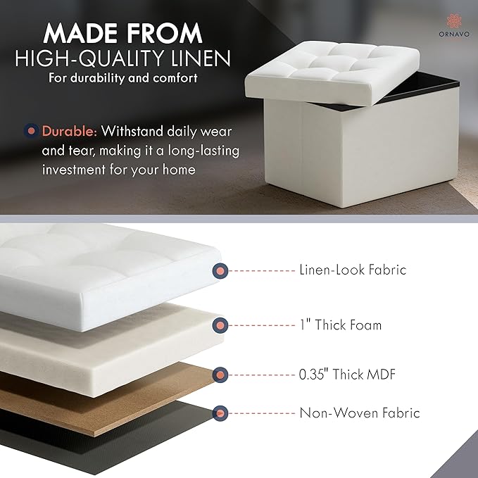 Ornavo Home Small Storage Ottoman Foldable Collapsible Rectangle Linen Ottoman Foot Rest Stool Seat, for Living Room, Bedroom, Home Office, Dorm - 12 x 16 x 12, White