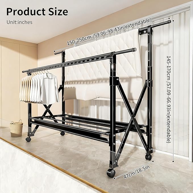 Heavy Duty Rolling Clothing Rack with Wheels, Portable Double Rod Metal Garment Rack, Clothes Drying Hanging Organizer for Closet, Laundry, Storage, Freestanding Adjustable Coat Hanger, Black