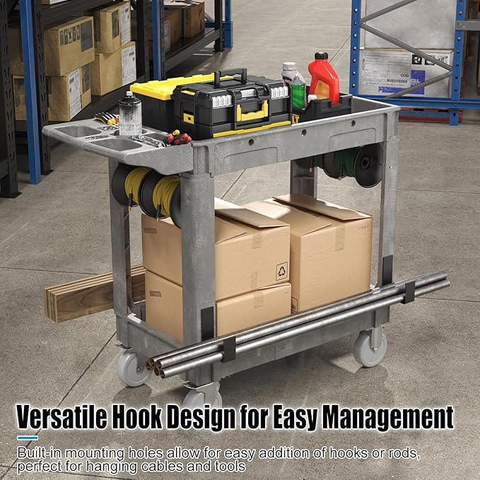2 Tier Plastic Rolling Cart Utility Cart on Wheels, Heavy Duty Tool Carts with Ergonomic Storage Handle and Deep Shelfs, Work Carts Service Cart for Garage, Warehouse, Workshop, Office, Cleaning