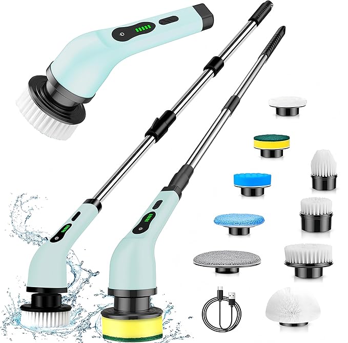 Cordless Electric Spin Scrubber, Hands-Free Shower Cleaning Tool with 9 Attachments & Extension Handle, IPX7 Waterproof for Tub, Tile Grout, Bathroom, Car, Floor - No More Back Pain (Green)