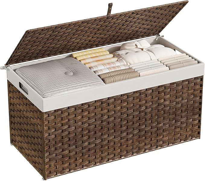 HOOBRO Storage Basket with Lid, 52.8 Gallon (200L) Wicker Basket, Handwoven Blanket Storage Basket with Handles, Metal Frame and Soft Lining, Foldable for Bedroom, Laundry Room, Brown BR220CW01