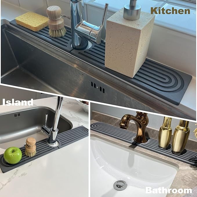 Stone Drying Mat for Kitchen Counter, Faucet Mat for Kitchen Sink, Diatomite Quick Drying Tray, Faucet Splash Guard for Bathroom Counter, Kitchen Drying Mat (DARK GREY, 23.6 * 4")