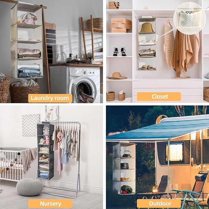 2 Packs Hanging Closet Organizer Storage, 6-Shelf Hanging Shelves for Closet, Closet Clothes Organizer and Storage with Side Pockets, Grey