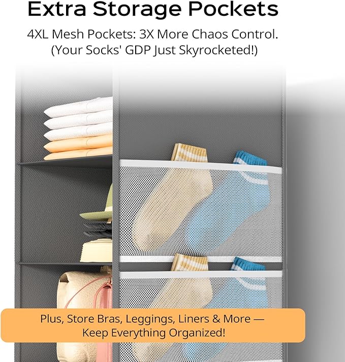 Extra Deep Hanging Closet Organizer with 6 Shelves and Oversized Mesh Pockets, Heavy-Duty Structure, No Deformation, Max Storage for Clothes, Shoes, Hats, Dorms and RVs, Grey,1-Pack