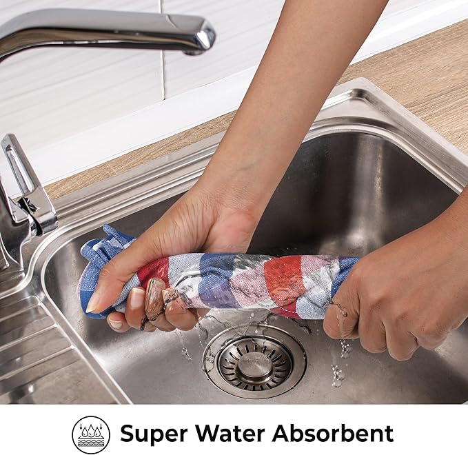 July 4th KitchenTowels Patriotic DishTowels 100% Cotton (Set of 6) 18X28 Inches Highly Absorbent Soft Durable Reusable & Washable Kitchen Towels (Red/Blue/White Buffalo Checks)