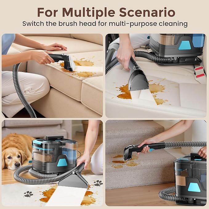 DEVOAC C8 Portable Carpet Upholstery Spot Cleaner Machine with Versatile Tools, Self-Cleaning, 18Kpa Powerful Suction, Pet Stain Remover, Car and Auto Detailer (Cyan)