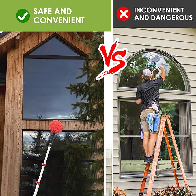 5-12 FT Cobweb Duster with Extension Pole, 20 FT High Reach Spider Web Brush with Telescopic Pole, Extendable Duster with 2 Outdoor Cobweb Brushes, Duster for High Ceiling