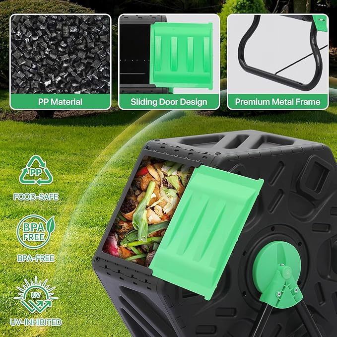 Athena Collection Compost Tumbler, 17 Gallon Single Chamber Outdoor Rotating Composter Bin with Gloves, Easy-Turn BPA-Free Plastic Compost Barrel for Backyard Garden, Patio, Kitchen Food Waste