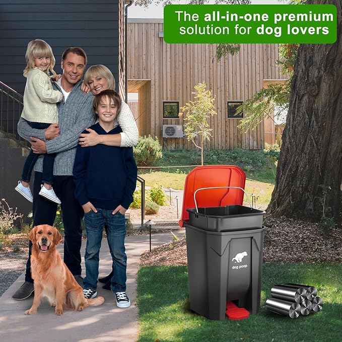 Dog Poop Trash Can Outside, 20L/5Gallon Dog Waste Trash Can with Lid, Pedal and Removable Inner Waste Bin, Pet Poop Bucket with 100 Bags, Red
