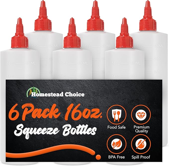 6-pack Plastic Squeeze Bottles for Sauces - 16oz Condiment Squeeze Bottles for Liquids - BPA Free Squirt Bottle with Twist Cap - Ketchup, Syrup, Oil, Dressings, Honey & Arts and Crafts