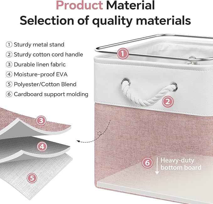 13x13 Inch Cube Storage Bins with Reinforced Bottom Cardboard, 6 Pack Large Collapsible Fabric Storage Cubes with Handles for Shelf, Closet, Toy, Laundry Organization (White&Pink)