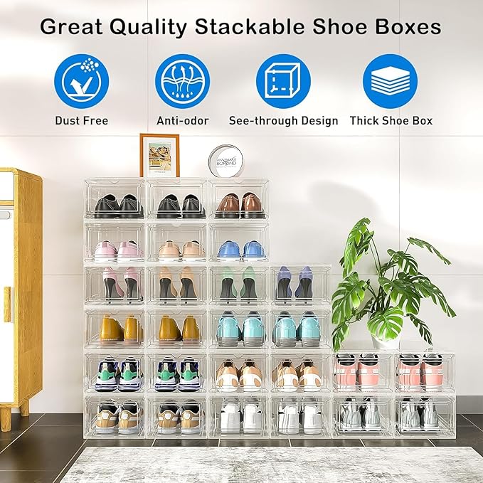 Mitees 10 Pack XX Large Thicken Sturdy Hard Plastic Clear Stackable Shoe Storage Boxes for Size 12, Sneaker Shoe Rack Containers Holders Bins Display Case Organizer for Closet, White