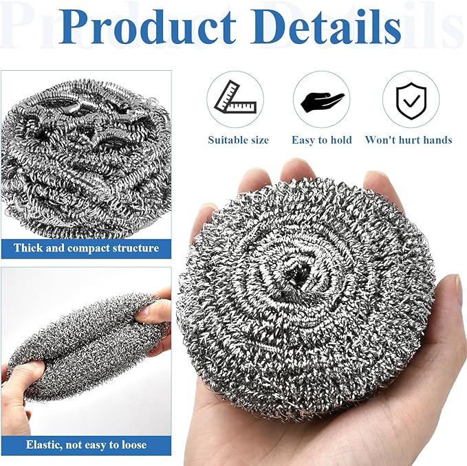 40 Pcs Stainless Steel Scrubber Bulk, Heavy Duty Steel Wool Scrubber 40 Gram, Large Metal Sponge Wire Scouring Pad for Tough Cleaning Kitchen Cookware, Removing Rust Dirty