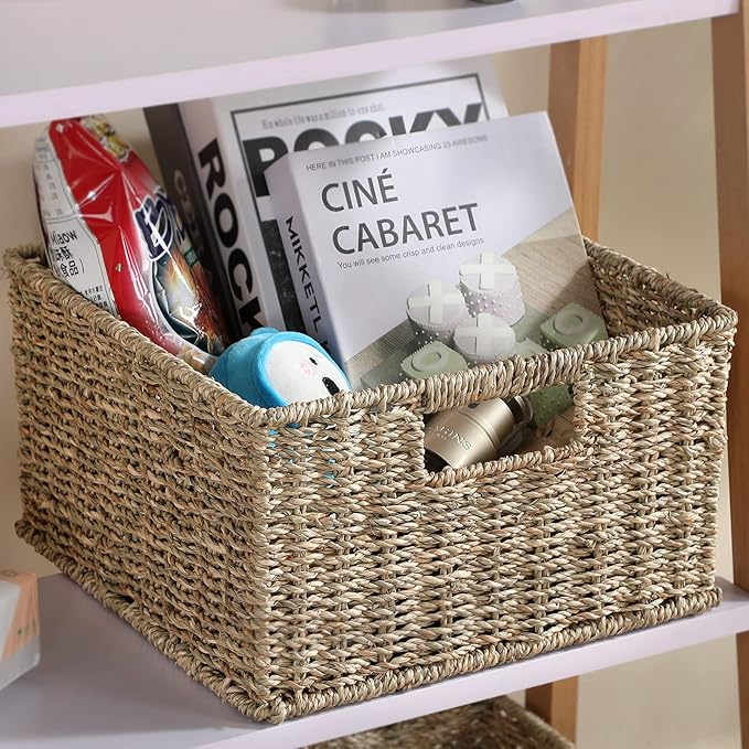 HOONEX Wicker Storage Baskets for Organizing, Decorative Woven Seagrass Baskets for Storage with Carrying Handles, Set of 2, Natural