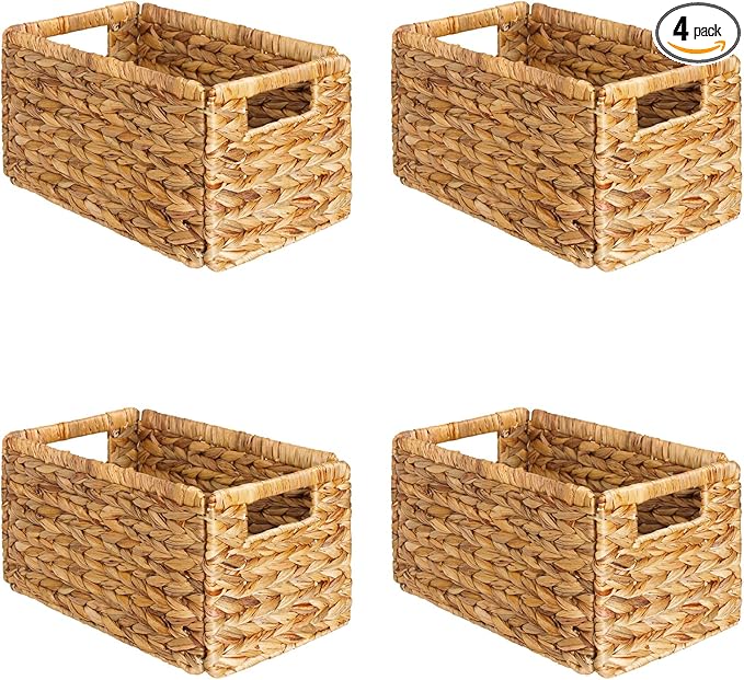 SpaceAid 4 Pack Wicker Basket, Storage Baskets for Organizing, Woven Rattan Basket with Handles for Shelves, Water Hyacinth Large Cube Organizer Storage Bin, 13x8.2x7 inch, Natural