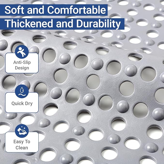 Non Slip Bathtub Mat and Shower Mat 31x17 inch,Bath Mat with Quick Dry Drain Holes and Suction Cups, Soft Comfortable Safe Bathroom Mat for Bath Tub, Floor, Tile (Grey)