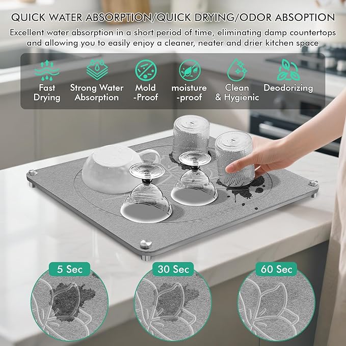 Stone Drying Mat For Kitchen Counter Superb Absorbent Diatomaceous Earth Mats with Non-Slip Feet Quick Dry Stone Dish Drying Pad Dish Pad Multi-Purpose(Floral-MediumGray, 15.7" x 11.8")