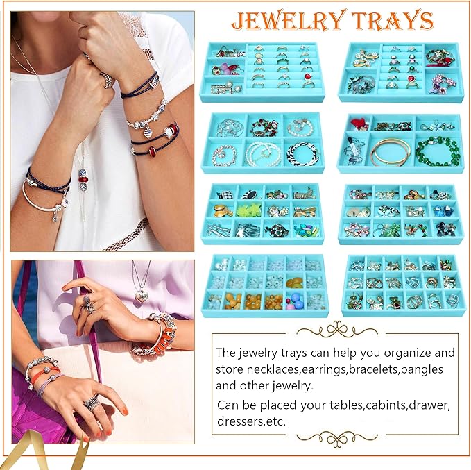 8 Pcs Velvet Jewelry Tray Stackable Jewelry Drawers Organizer Trays Rings Earrings Bracelet Organizer (8.2" x 5" x 1")