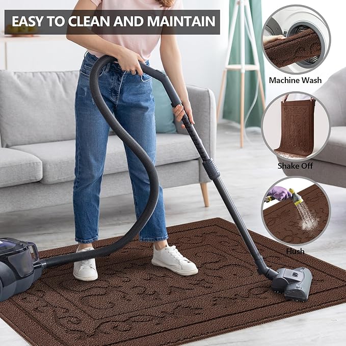 FONEYI Indoor Door Mat 20" x 32", Dirt Trapper Door Mats Non-Slip Entryway Rugs Washable, Absorbent Resist Dirt Welcome Mat, Low Profile Inside Floor Mats for Front Back Door and Entryway, Coffee
