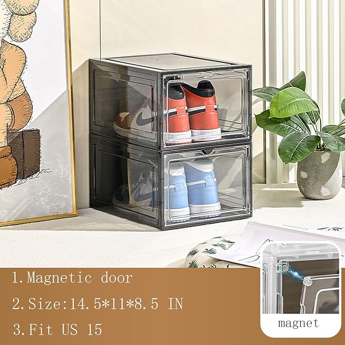XXL Drop Front Shoe Storage Box Stackable, 8 Pack Shoe Display Case Fit US 15,Sneaker Storage Shoe Containers with Magnetic Door（8 PACK BLACK