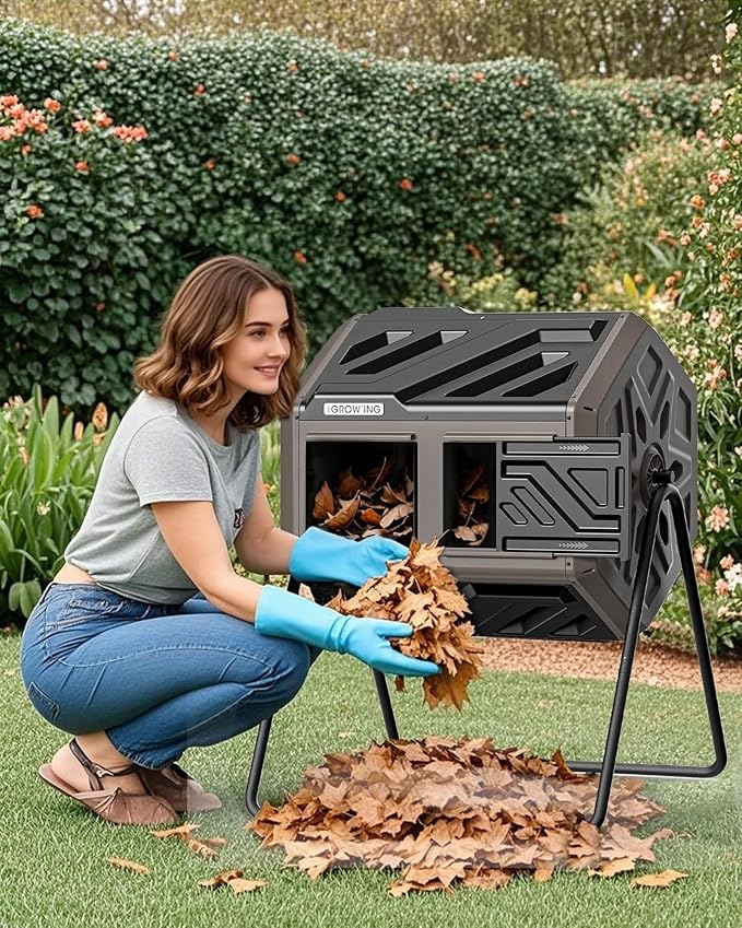 THEGROW'ING Updated 43 Gallon Compost Bin Outdoor, Fast Assemble Tumbling Composter, Dual Chamber Composter Tumbler, Rotating Compost Bin for Outside, Backyard, Garden and Yard, Coffee