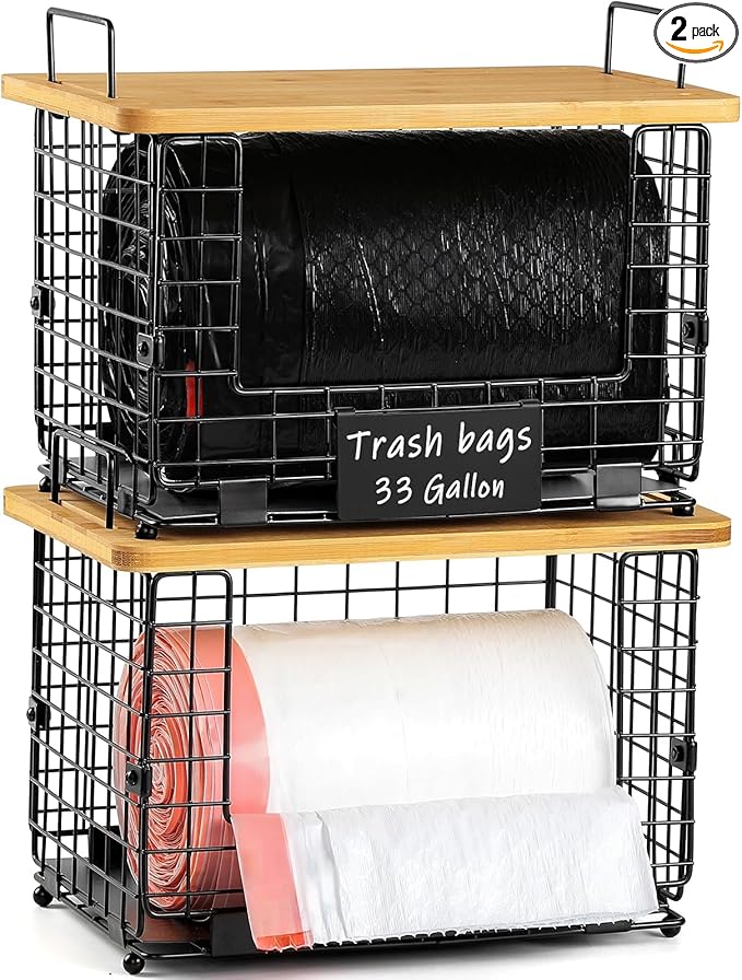 Upgrade Larger, Fit 13/30/33+ Gallon Trashbag Perfectly - 1 SET Stackable Trash Bag Holder with Tags & Bamboo Top, Garbage Bag Dispenser Stand, Kitchen Pantry Under Sink Laundry Room Organizer Basket