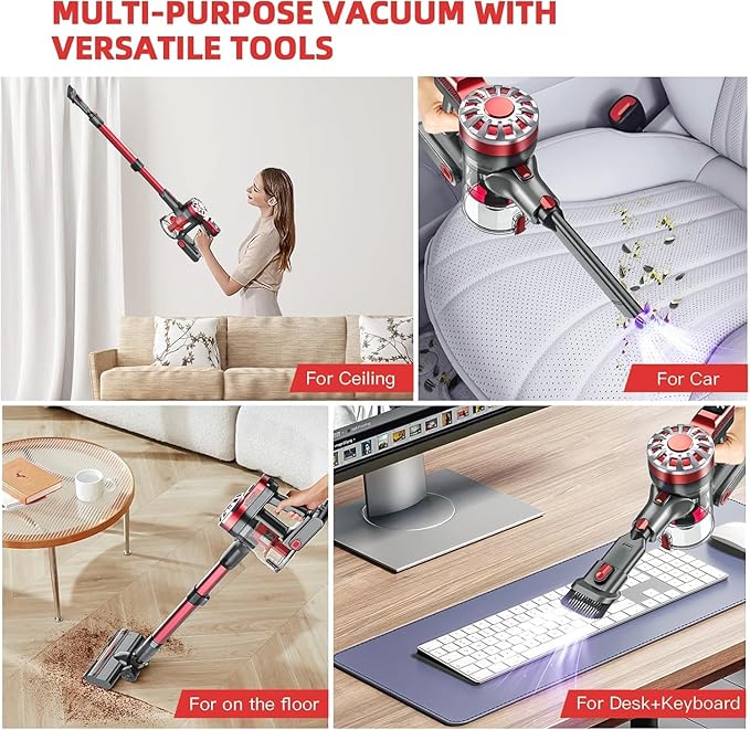 Cordless Vacuum Cleaner,Vacuum Cleaners for Home with Super Suction,Lightweight Stick Vacuum with 35 Mins Runtime,Rechargeable Cordless Vacuum for Carpet, Tile, Pet Hair, Hardwood Floors(Red)