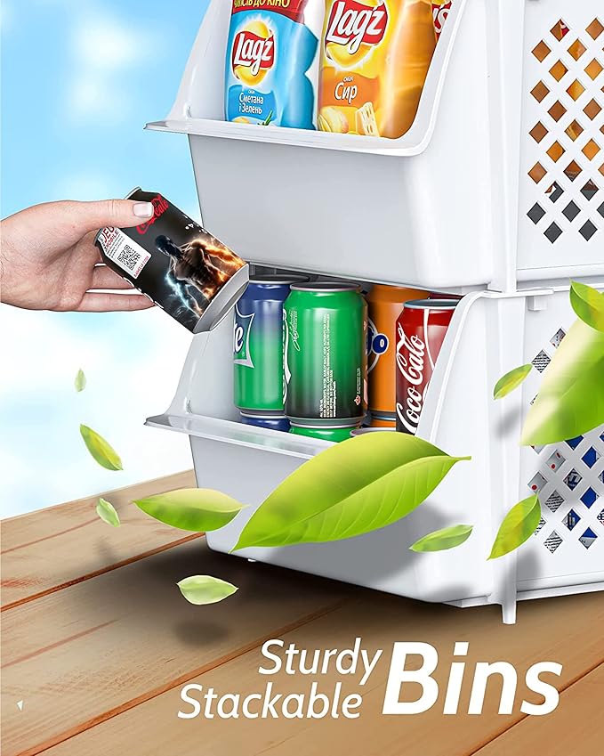 TidyFriend Plastic Stackable Bins for Pantry, 24 Pack Large Stacking Bins Open Front Kitchen, and Bathroom Organization, Open Front Design (White)