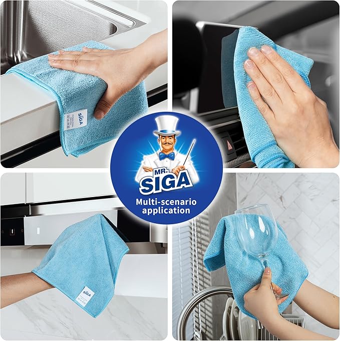 MR.SIGA Microfiber Cleaning Cloths, All-Purpose Surface Microfiber Towels, Streak Free Cleaning Rags, Pack of 12, Sky Blue, Size 32 x 32 cm(12.6 x 12.6 inch)