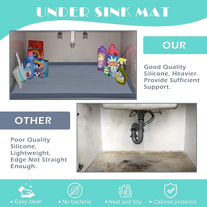 URMONA Waterproof Silicone Under Sink Mat 28'' x 19'' Shelf Liner for Kitchen and Bathroom, Cabinet and Counter Protector, Storage and Organizers, Litter Mat, Pet Cat Puppy Essentials(Dark Grey)