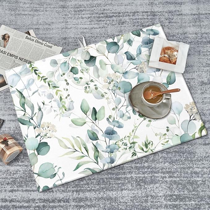 Green Floral Leaf Dish Drying Mat For Kitchen Counter 18 X 24 Inch Absorbent Dish Mat Reversible Drainer Drying Kitchen Mat