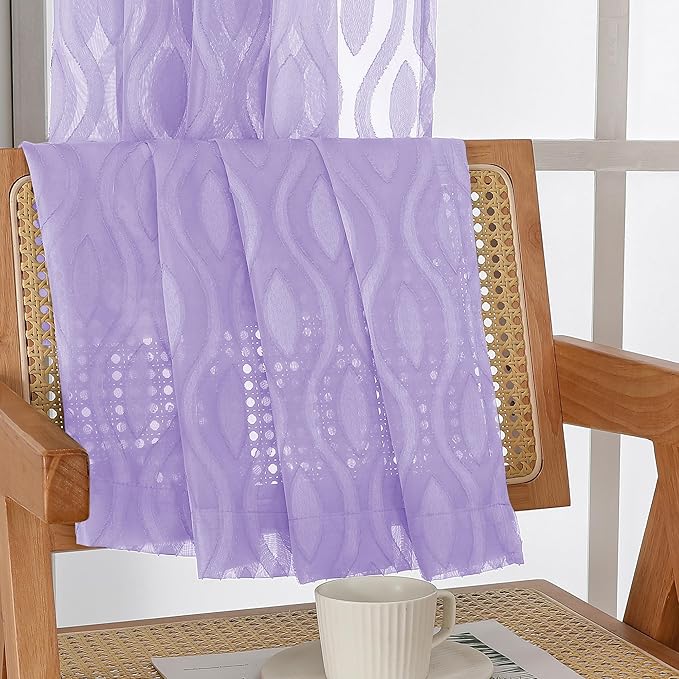 Aiyufeng Light Purple Valances for Windows, Chic Wavy Line Clip Jacquard Voile Sheer Small Window Curtain for Basement, Lightweight Rod Pocket Short Curtains for Windows, 2 PCS, 40Wx14L Inches