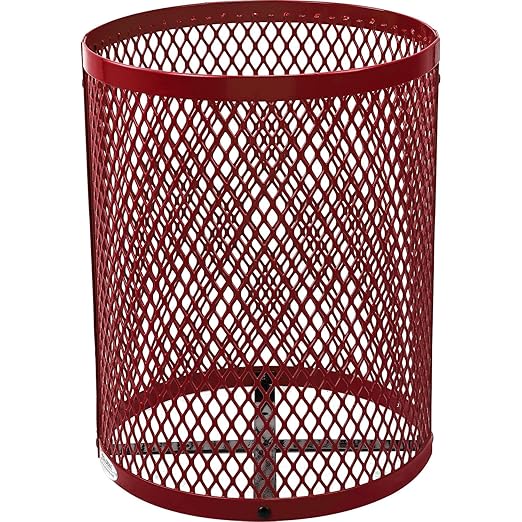 Global Industrial Outdoor Diamond Steel Trash Can with Flat Lid and Plastic Liner, 36 Gallon Capacity, Red, Thermoplastic Coating, 23-1/2" Diameter, 30" H