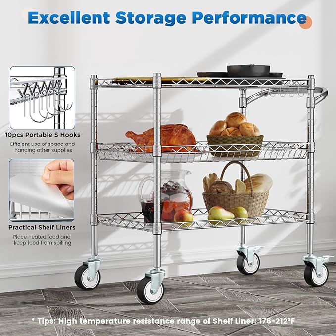 Leteuke Heavy Duty 3 Tier Rolling Utility Cart,NSF Certified 990Lbs Capacity Rolling Carts with Wheels,Commercial Grade Metal Cart with Handle Bar & Shelf Liner,Trolley Serving Cart for Kitchen,Chrome