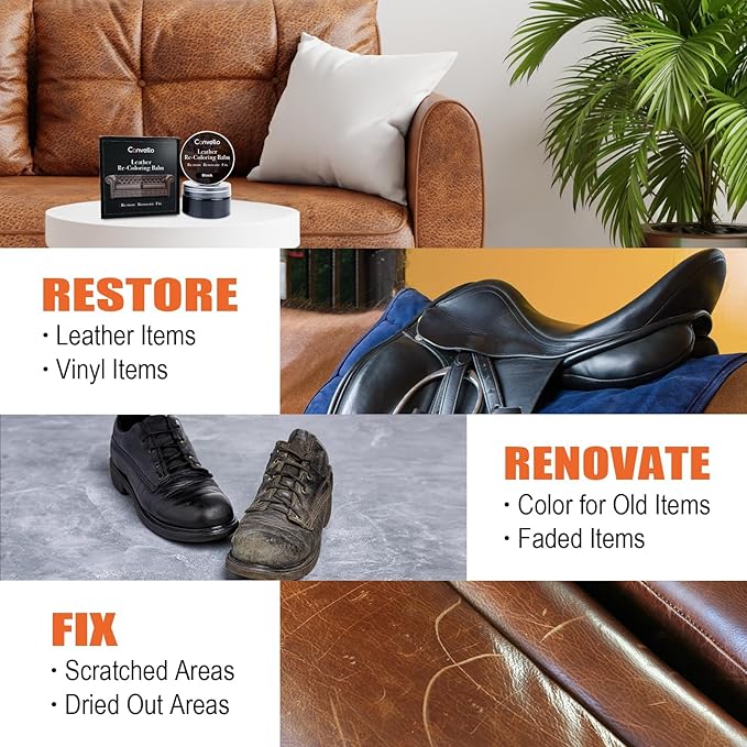 Black Leather Repair Kit, Black Leather Recoloring Balm, Leather Dye - Restore & Renew Scratch, Faded and Aged Leather & Vinyl Couches, Boots, Car Seats or Leather Furniture