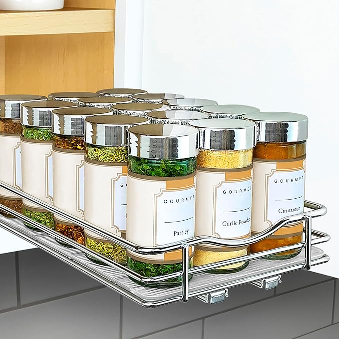 LYNK PROFESSIONAL® Pull Out Spice Rack Organizer for Inside Kitchen Cabinets - 6-1/4 inch Wide - Slide Out Drawer – Chrome Sliding Spice Cabinet Organization Shelf Racks - 1 Tier