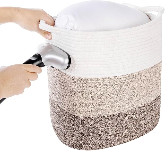 Tall Storage Bins for Clothes Fabric Cotton Rope Storage Baskets with Handles, Decorative Woven Basket for Living Room,Closet Organizer Blankets, and 2bags (Gradient Brown, L16×W11.4×H15.9)