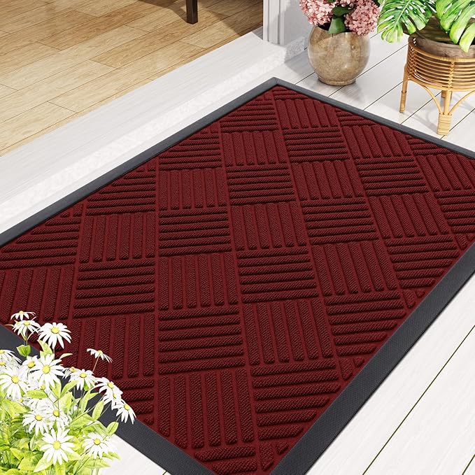 Smiry Front Door Mat Outside Entrance, Heavy Duty Outdoor Indoor Mat, Natural Rubber Doormat, Non Slip, Trap Dirt and Moisture, Easy Clean, Low Profile Patio Porch Entryway Mat, 29.5x17, Red