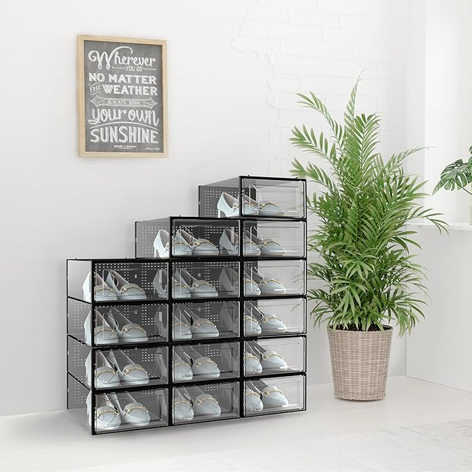 Kuject 15 Pack Shoe Storage Boxes, Clear Plastic Stackable Shoe Organizer for Closet, Connect Left and Right Shoe Boxes Case Container Bin for Entryway, Drop Front, Fit for Size 10(Black)