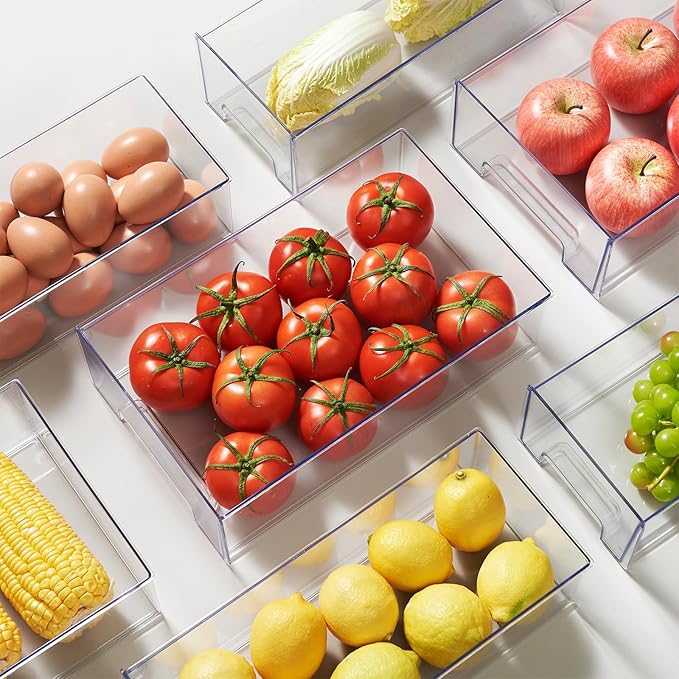 PeJeyiee Clear Stackable Refrigerator Organizers and Storage Drawers - Pull-Out Fridge Bins with Anti-Slip Base & Easy Clean, Plastic Organizers for Kitchen Pantry Cabinet Closet ﻿ (2XL)