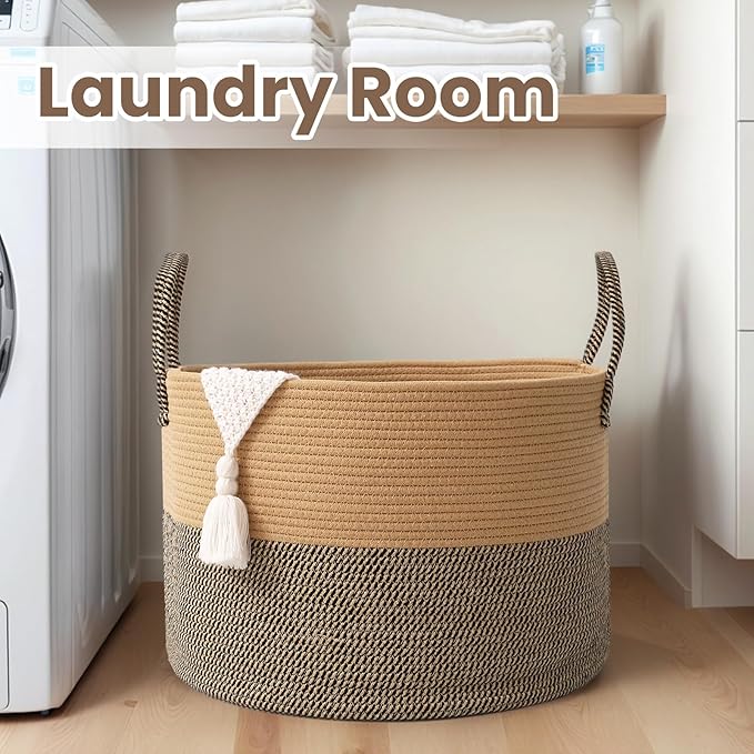 Woven Blanket Basket,115L Large Rope Storage Bin with Handles, Organizer for Blankets Toys Book and Clothes, Laundry Basket for Living Room Bedroom Nursery,Jute&Black