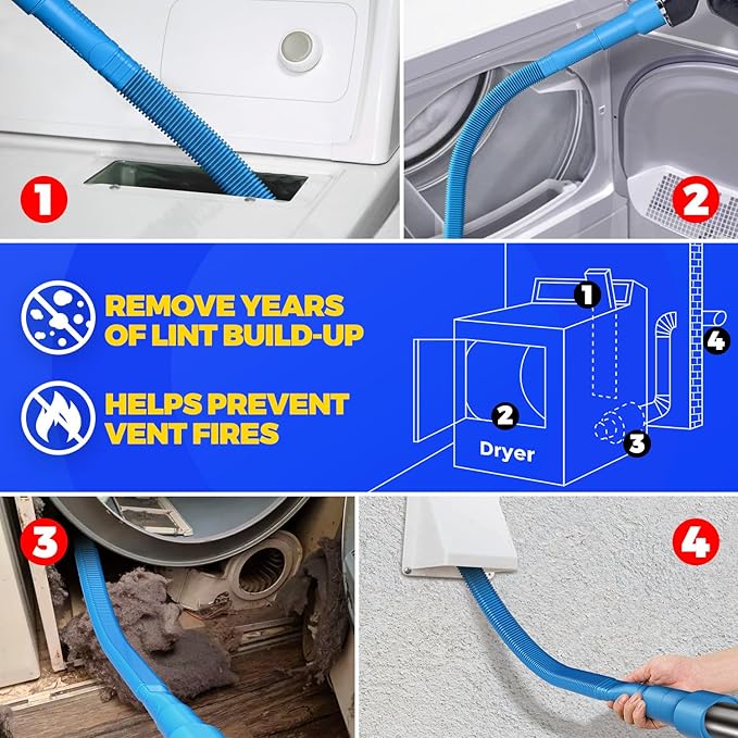Holikme 2 Pieces Dryer Vent Cleaner Kit, Dryer Lint Vacuum Attachment and Flexible Dryer Lint Brush, Dryer Vent Vacuum Hose Attachment,Blue