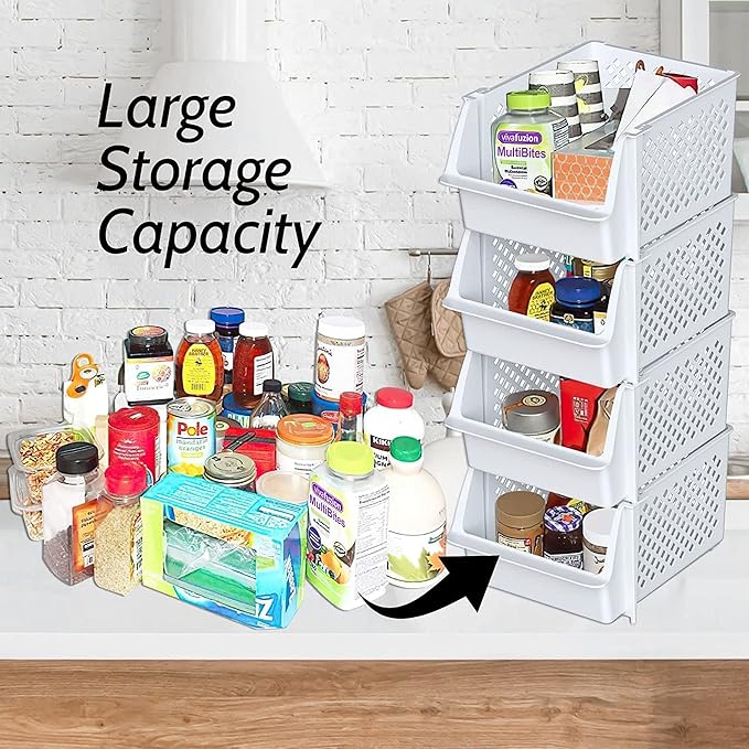 Skywin TidyFriend Plastic Stackable Storage Bins for Pantry, 8 Pack White Stackable Bins For Organizing Food, Kitchen, and Bathroom Essentials (Random)
